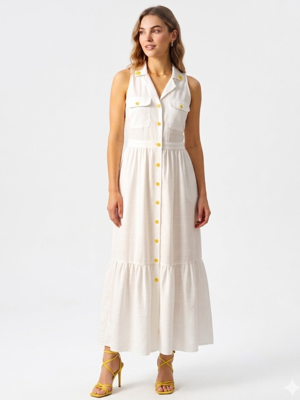 Style House Women White Sleeveless Maxi Dress with Yellow Button Detail Sz Small